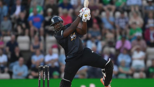 West Indian star Andre Russell in action during England’s ‘The Hundred’.