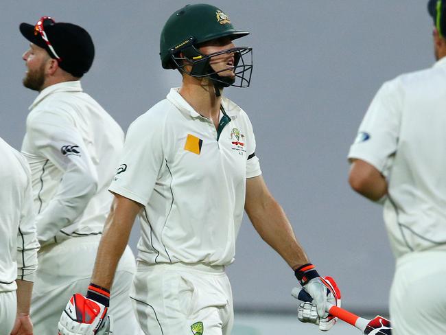 CRICKET - THIRD TEST - DAY 3 - Australia v New Zealand in the historic first Day / Night Test match held at The Adelaide Oval. Mitchell Marsh walks off after getting out for 28 runs Bowled Mitchell Santner caught by Kane Williamson Photo Sarah Reed.