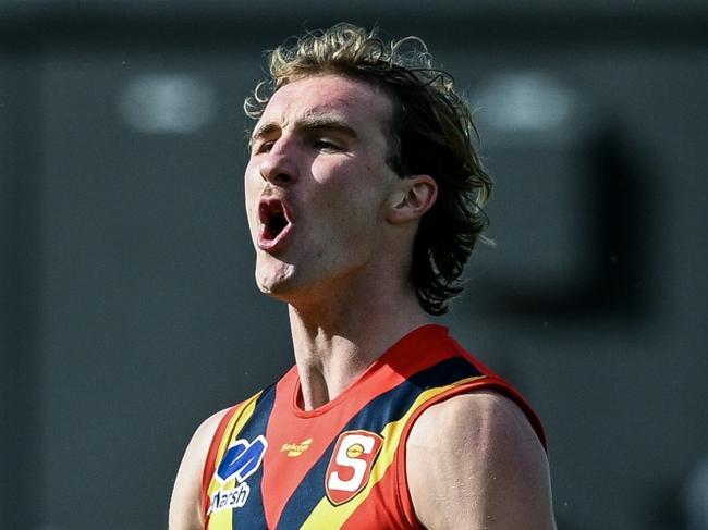 ADELAIDE, AUSTRALIA - JUNE 08: Dyson Sharp (c) of South Australia celebrates a goal during the Marsh AFL National Championships U18 Boys match between South Australia and Victoria Metro at Alberton Oval, on June 08, 2025, in Adelaide, Australia. (Photo by Mark Brake/AFL Photos/via Getty Images)