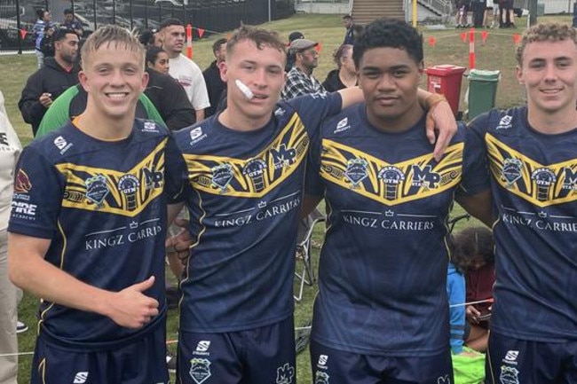 Lachlan Buchbach (left) and Mabel Park State High teammates after a 2023 Langer Trophy fixture.