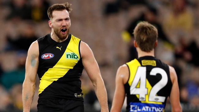 Noah Balta spent most of the match up forward. Picture: Dylan Burns/AFL Photos via Getty Images