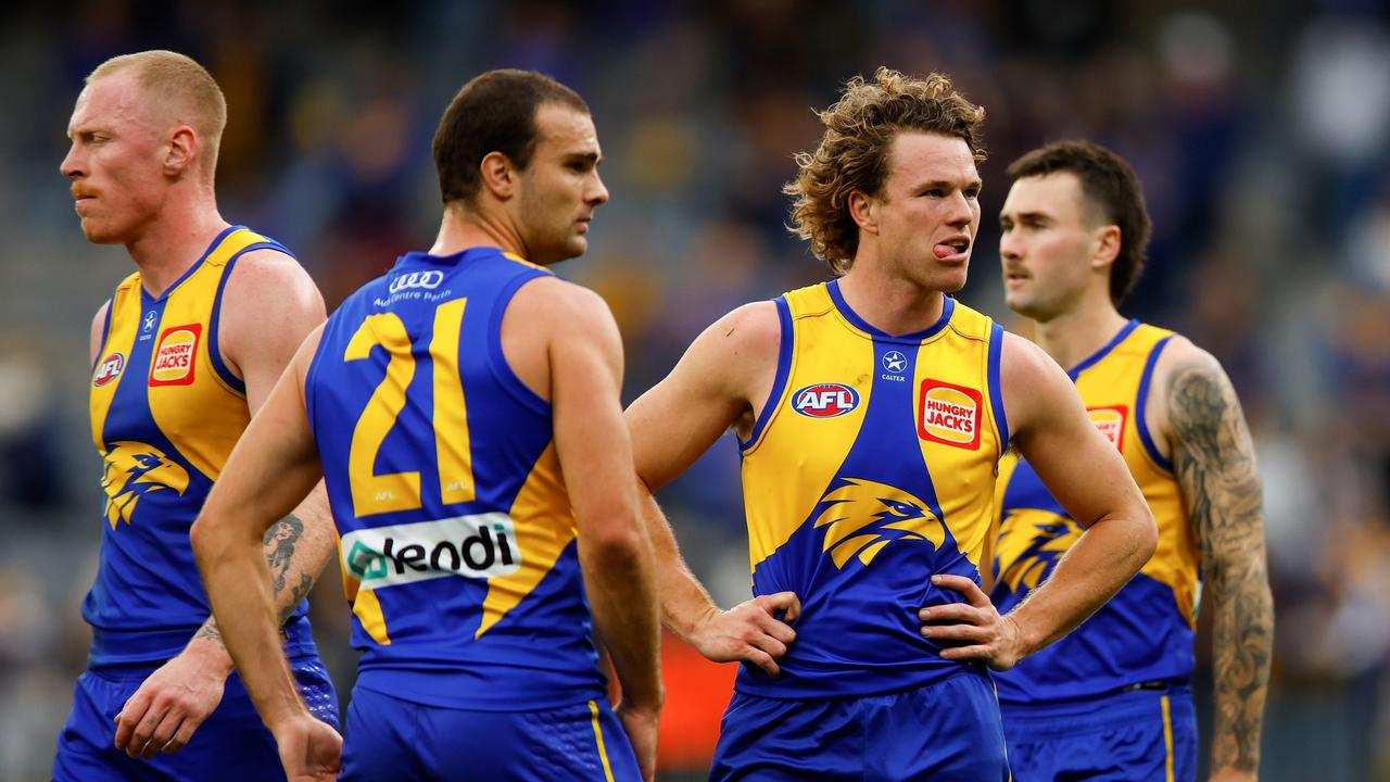 PERTH, AUSTRALIA - AUGUST 18: Jayden Hunt of the Eagles reacts after the loss during the round 23 AFL match between West Coast Eagles and Carlton Blues at Optus Stadium, on August 18, 2024, in Perth, Australia. (Photo by James Worsfold/Getty Images)