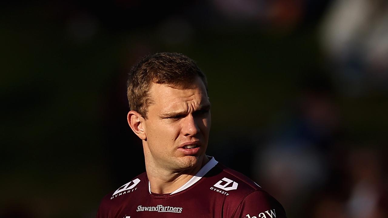 Tom Trbojevic has suffered an embarrassing lowlight in Manly’s loss to Cronulla, being absolutely burnt by Sharks backrower Briton Nikora. Picture: Getty Images.