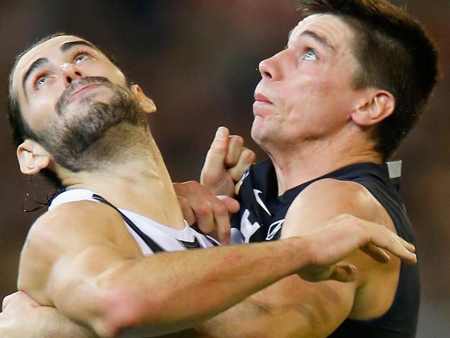 Mick Malthouse would like to see ruckmen like Brodie Grundy and Matthew Kreuzer compete without fear of tiggy-touchwood frees. Pic: Getty Images