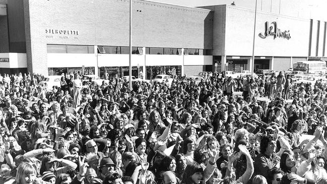 Fans gather outside John Martin’s, at Marion, to see the stars of notorious Australian soap opera Number 96 in the 1970s.