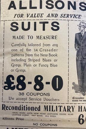 Men’s suits at Allisons. Gold Coast Bulletin advertising, 1945