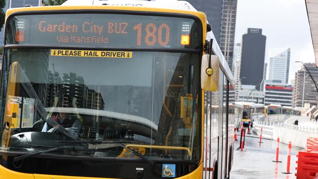 Buses cross Victoria Bridge towards South Brisbane. Picture Lachie Millard