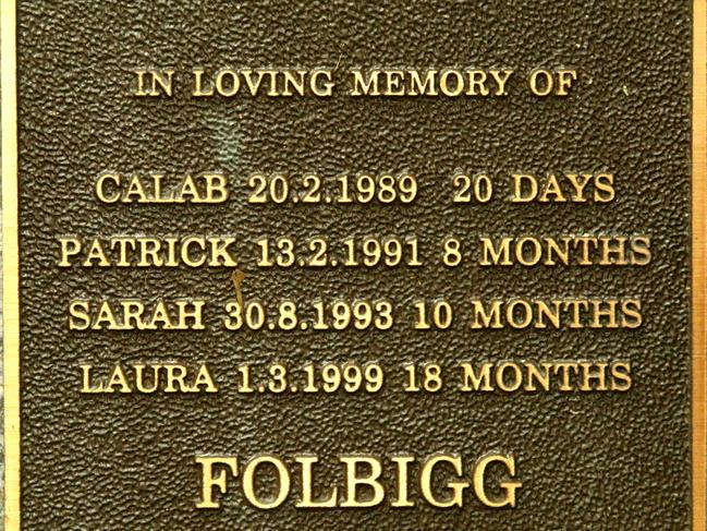 A plaque at The Anglican Church in Singleton which held the ashes of the Folbigg children, Caleb, Patrick, Sarah and Laura. the ashes have since been removed.