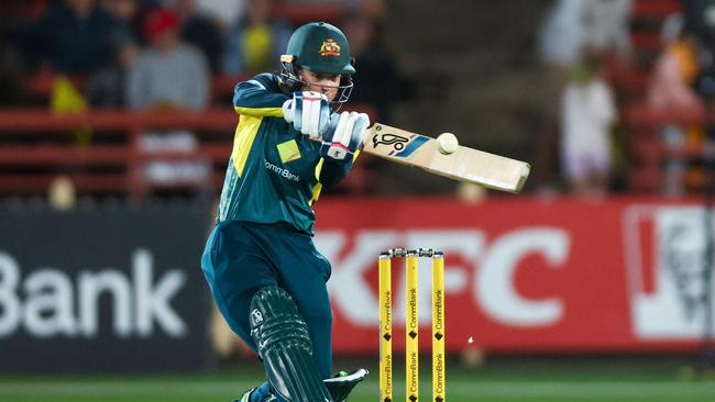 Australiaâs Phoebe Litchfield hits a six during their T20 international women cricket match against Australia at the North Sydney Oval in Sydney on October 2, 2023. (Photo by DAVID GRAY / AFP) / -- IMAGE RESTRICTED TO EDITORIAL USE - STRICTLY NO COMMERCIAL USE --