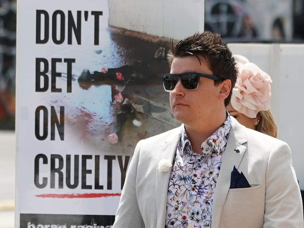 Animal rights activists are protesting Melbourne Cup outside Flemington. Picture: AAP