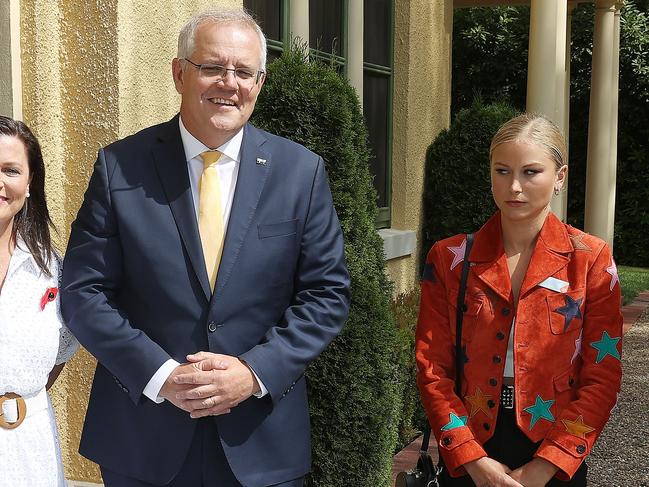 Prime Minister Scott Morrison with Grace Tame, who appeared to be uncomfortable with the meeting. Picture: NCA NewsWire / Gary Ramage