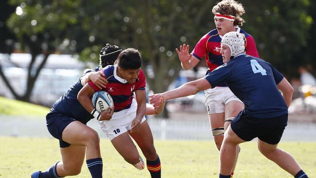 Action from the GPS First XV rugby match between Brisbane Grammar School and Brisbane State High School. Photo:Tertius Pickard