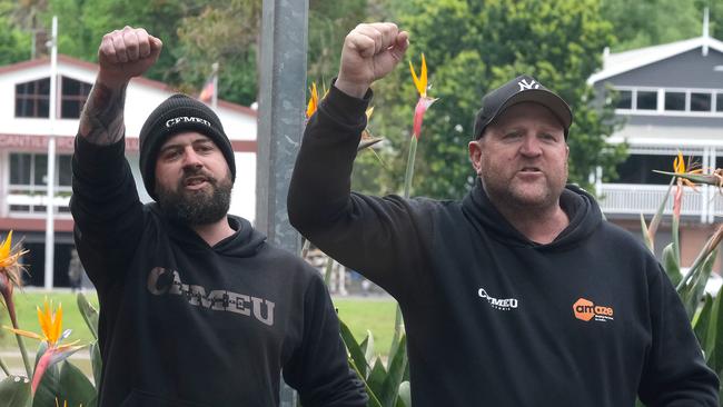 CFMEU members at Matthew Guy’s press conference. Picture: NCA NewsWire / Luis Enrique Ascui