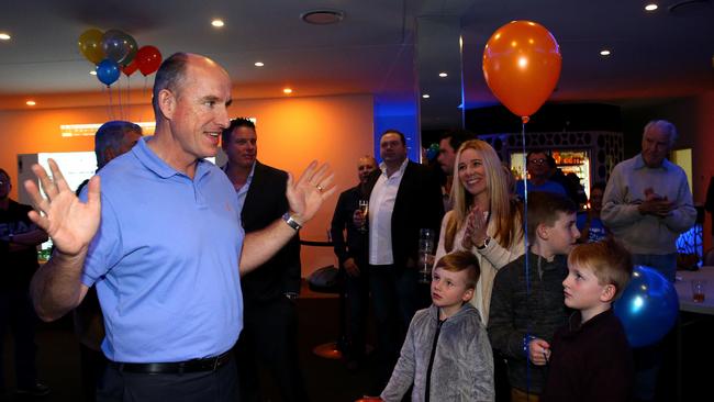 Stuart Robert and family at the post-election party at the Labrador AFL Club. Photo: Adam Head