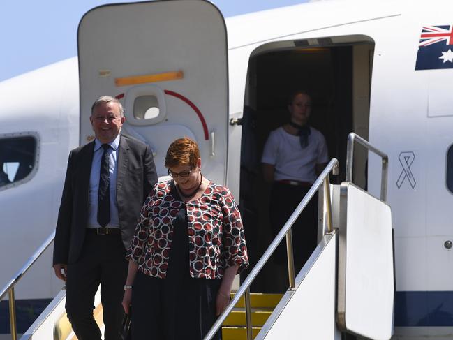 Anthony Albanese and Marise Payne arriving in East Timor in 2019. Picture: AAP Image/Lukas Coch