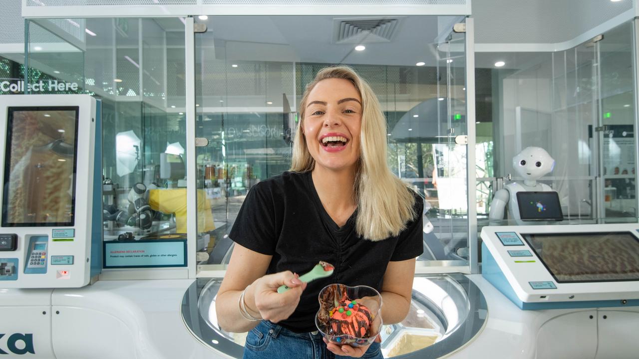 Chanelle Watson ordered an ice cream from the robots. Picture: Jason Edwards