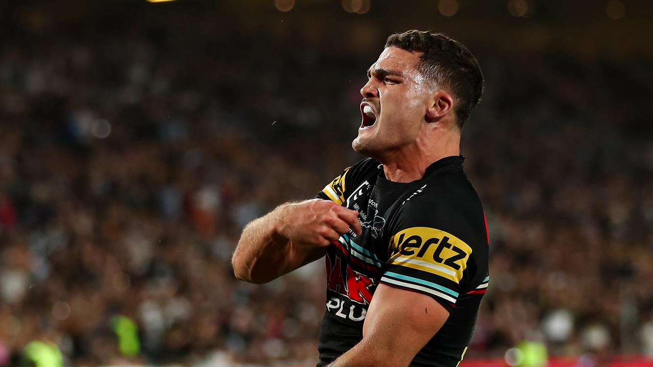 NRL 2023 GF Penrith Panthers v Brisbane Broncos - Nathan Cleary, Match Winning Try, Celebration NRL PHOTOS