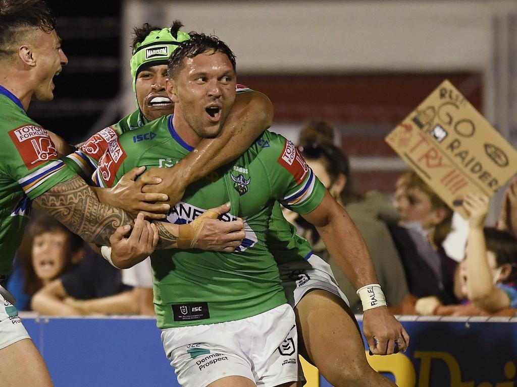 <p>MACKAY, AUSTRALIA - AUGUST 27: Jordan Rapana of the Raiders celebrates after scoring the game winning try during the round 24 NRL match between the New Zealand Warriors and the Canberra Raiders at BB Print Stadium, on August 27, 2021, in Mackay, Australia. (Photo by Ian Hitchcock/Getty Images)</p>