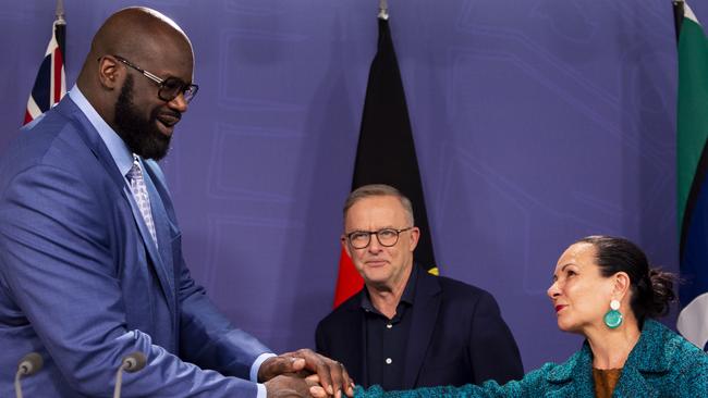 The Prime Minister stood by his decision to allow NBA legend Shaquille O'Neal to appear during a press conference. Picture: NCA NewsWire / Monique Harmer.