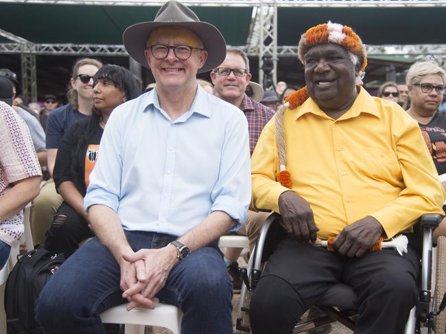 Prime Minister Anthony Albanese with Yothu Yindi Foundation Chair Galarrwuy Yunupingu the Garma Festival in northeast Arnhem Land, Northern Territory, Friday, July 29, 2022. Picture: AAP