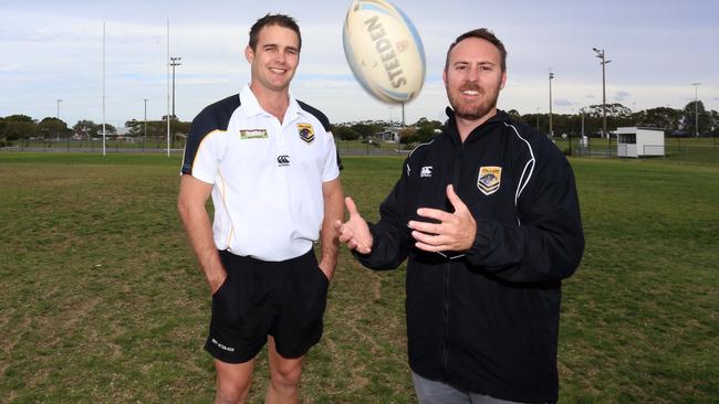 Dane Campbell (right) during his time at the Sunshine Coast Falcons, 2014. With former Caloundra coach Danny Gray (left). Photo: Nicola Brander / Sunshine Coast Daily