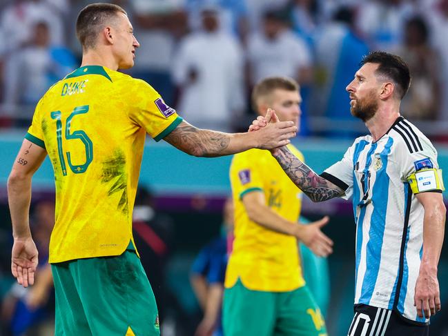 Duke and Messi share a few words after Argentina’s win over the Socceroos. Picture: Foto Olimpik/NurPhoto via Getty Images