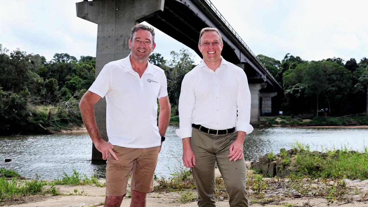 The Queensland Government has announced $450 million to fund a new bridge for the Kennedy Highway over the Barron River near the Tablelands town of Kuranda. The new bridge is due to be completed in 2031. Barron River MP Craig Crawford and Queensland Premier Steven Miles made the announcement on the banks of the Barron River at Kuranda. Picture: Brendan Radke