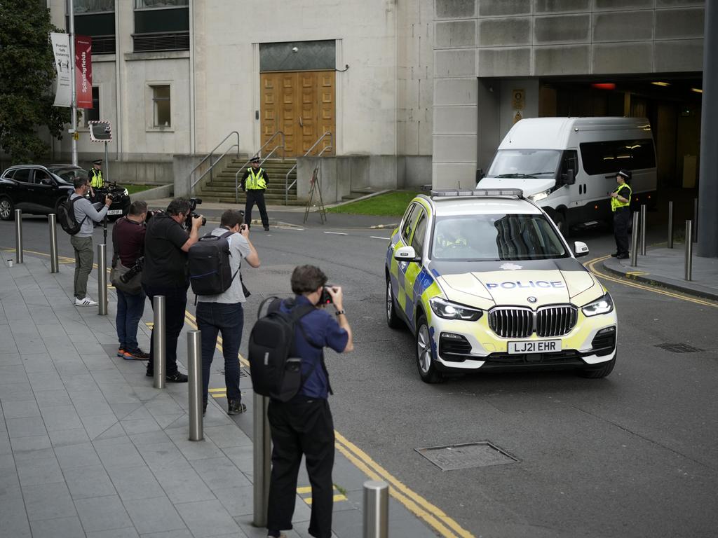 A police car escorts the prison van carrying Lucy Letby as she left Manchester Crown Court during the trial. Picture: Christopher Furlong/Getty Images