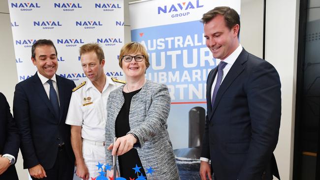 (L to R) South Australian Premier Steven Marshall, Vice Admiral Michael Joseph Noonan, Federal Defence Minister Linda Reynolds and Liberal MP James Stevens are seen during a visit to Naval Group in Adelaide, on February 28, 2020. The federal government has vowed to hold a French company to account after it pledged to spend 60 per cent of its $80 million submarine contract within Australia.