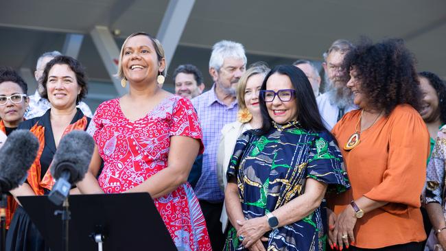 Indigenous Australians Minister Linda Burney, along with NT Aboriginal Affairs Minister Selena Uibo and NT Senator Malarndirri McCarthy have announced a landmark $81.5m package for justice reinvestment. Deputy Lead Convenor Coalition of Aboriginal and Torres Strait Islander Peak Organisations Catherine Liddle was also present. Picture: Supplied