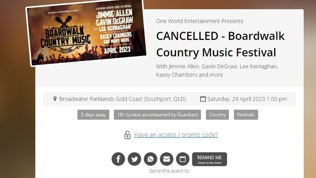 Oztiz website showing the Boardwalk Country Music Festival was cancelled