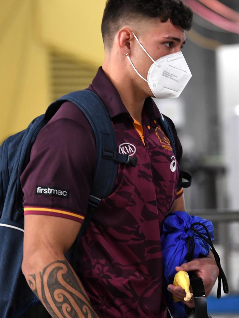 Jordan Riki arrives for Brisbane's clash with the Knights. Picture: NRL Photos