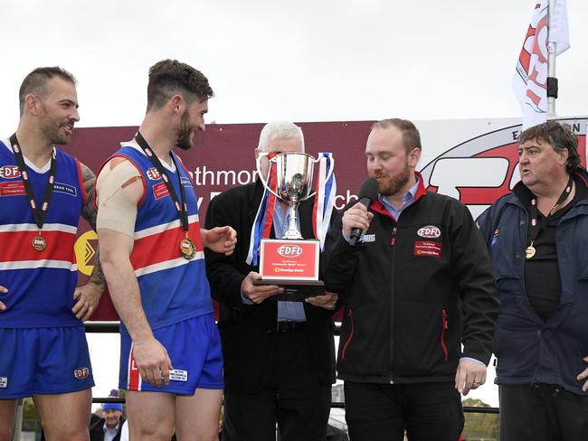 Keilor receives the premiership trophy in 2019. Picture: Andy Brownbill