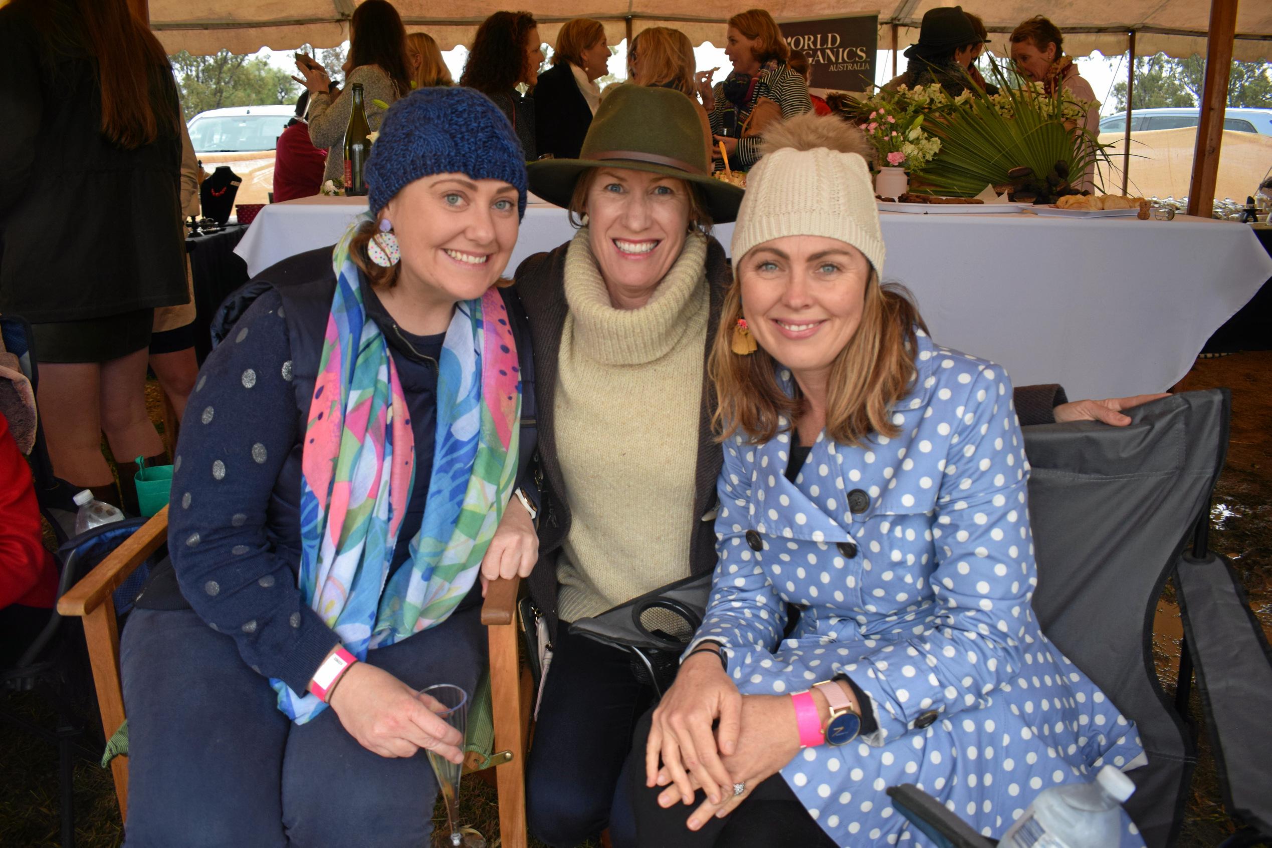 Susie Trebilco, Ailsa Cass, and Angela Hayward at the Condamine Cods Annual Ladies Day, June 8. Picture: Brooke Duncan