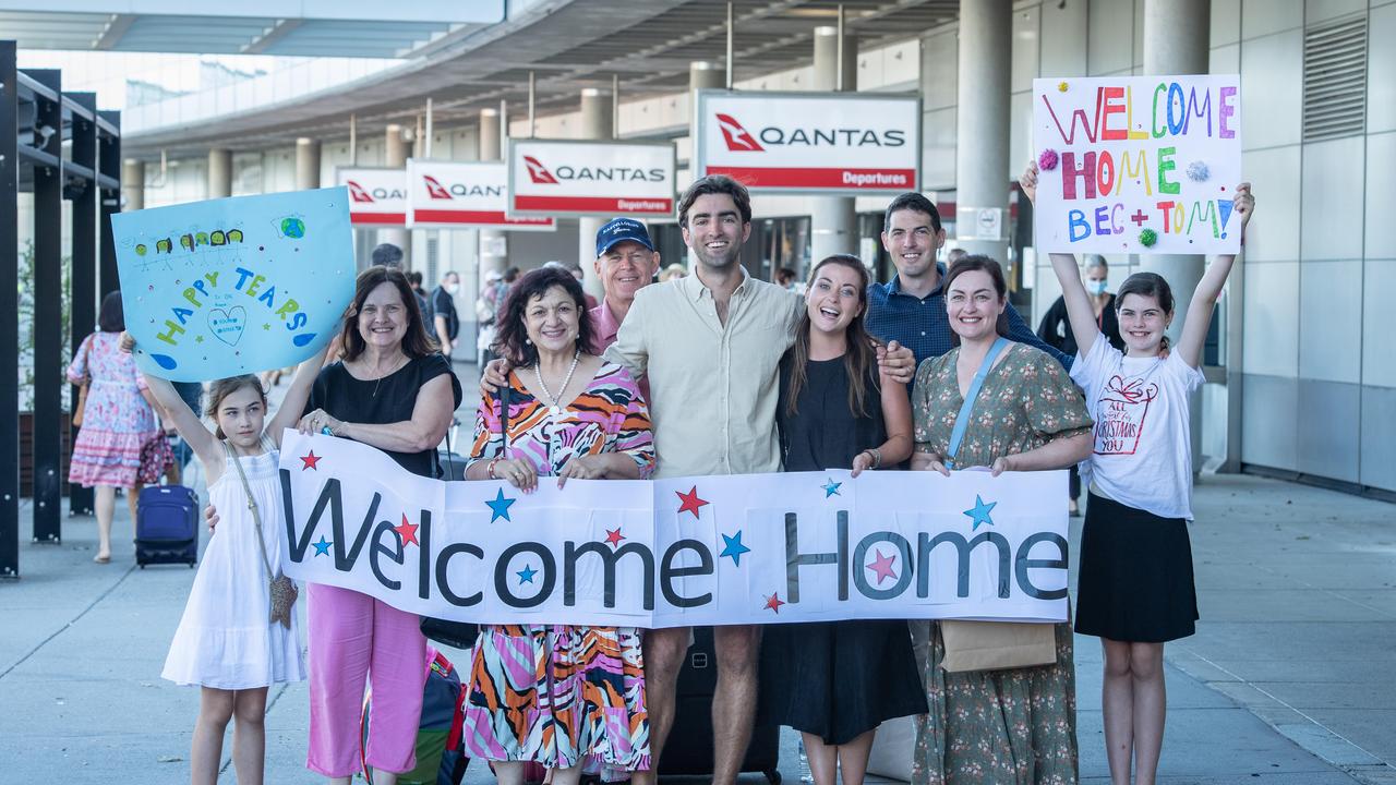 Stella Smith, 9, Lynne Gimpel, Paul Gimpel, Kath Underhill, Tom Underhill, Rebecca Underhill, Craig Smith, Liz Smith and Alice Smith, 11 at Brisbane Airport. PICTURE: Brad Fleet