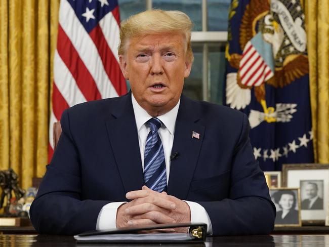 President Donald Trump speaks in an address to the nation from the Oval Office at the White House about the coronavirus. Picture: AP