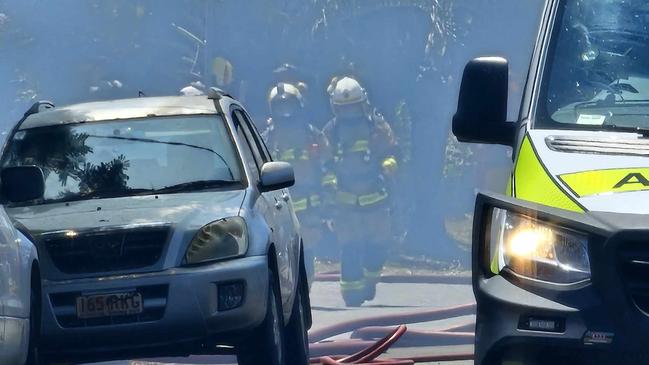 Photographs from the scene of a house fire in Daniels Street, Vincent, Townsville on Sunday morning. Queensland Police Service on the scene said the smoke could contain asbestos and advised all residents to go indoors and close the windows of their homes. Three people are currently being assessed by Queensland Ambulance Service. Picture: Natasha Emeck