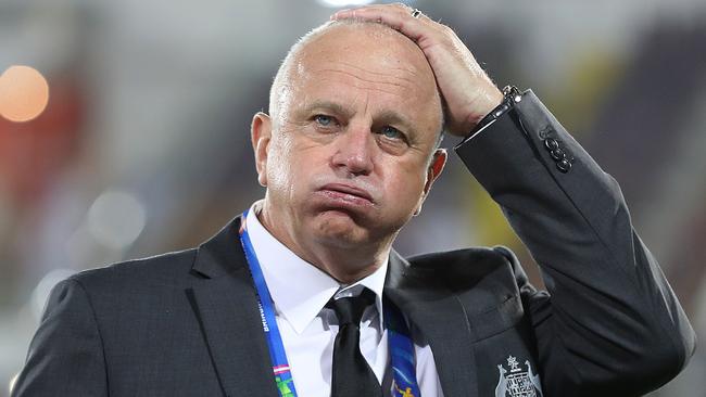 AL AIN, UNITED ARAB EMIRATES - JANUARY 15:  Graham Arnold the Head Coach of Australia shows his relief after his side's 3-2 victory during the AFC Asian Cup Group B match between Australia and Syria at Khalifa Bin Zayed Stadium on January 15, 2019 in Al Ain, United Arab Emirates. (Photo by Francois Nel/Getty Images)