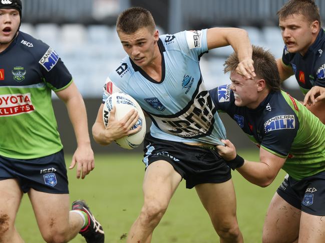 Sharks half back Chaz Jarvis scored twice in Cronulla’s mauling of the Raiders at PointsBet Stadium. Picture: Tim Hunter.