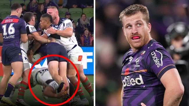 Taane Milne's horror tackle on Cam Munster. Photos: Fox Sports/Getty Images