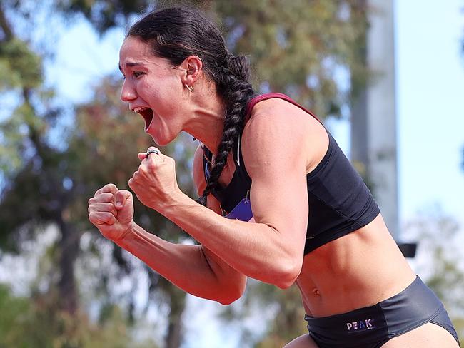 ADELAIDE, AUSTRALIA - APRIL 11: Tori West of Queensland reacts during the women's Heptathlon High Jump during the 2024 2024 Australian Athletics Championships at SA Athletics Stadium on April 11, 2024 in Adelaide, Australia. (Photo by Sarah Reed/Getty Images)