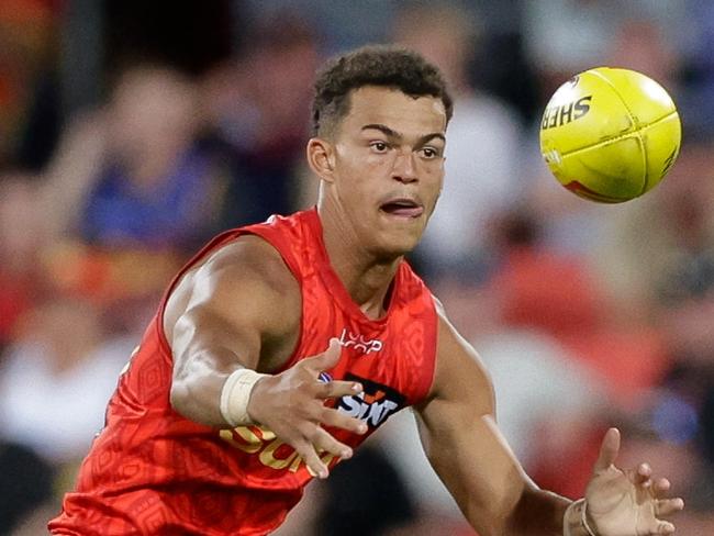 GOLD COAST, AUSTRALIA - FEBRUARY 20: Leo Lombard of the Suns in action during the 2025 AFL Match Simulation between Brisbane Lions and the Gold Coast Suns at People First Stadium on February 20, 2025 in the Gold Coast, Australia. (Photo by Russell Freeman/AFL Photos via Getty Images)