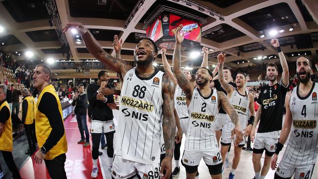 MONTE CARLO, FRANCE - FEBRUARY 07: Partizan Mozzart Bet Belgrade celebrates at the end of during the Turkish Airlines EuroLeague Regular Season Round 26 match between AS Monaco and Partizan Mozzart Bet Belgrade at Salle Gaston Medecin on February 07, 2025 in Monte Carlo, France. (Photo by Alfonso Cannavacciuolo/Euroleague Basketball via Getty Images)