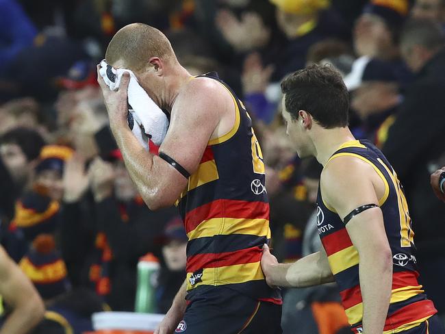 An emotional Sam Jacobs after the Crows’ win.