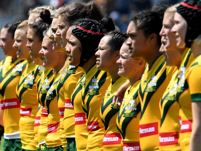 A supplied image obtained Sunday, September 24, 2017 of the Australian Jillaroos and the Papa New Guinea Orchids. The Jillaroos played the PNG Orchids as the curtain-raiser to the Prime Minister's XIII match against a PNG XIII, the Jillaroos won 42-2 against PNG. (AAP Image/NRL) NO ARCHIVING, EDITORIAL USE ONLY