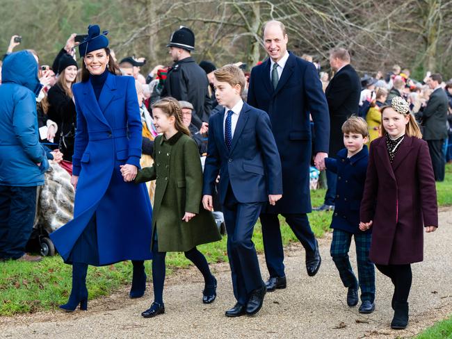 The Princess of Wales looked blissfully happy as she walked to church with husband William and their three children (along with Mia Tindall, far right). Picture: Samir Hussein/WireImage
