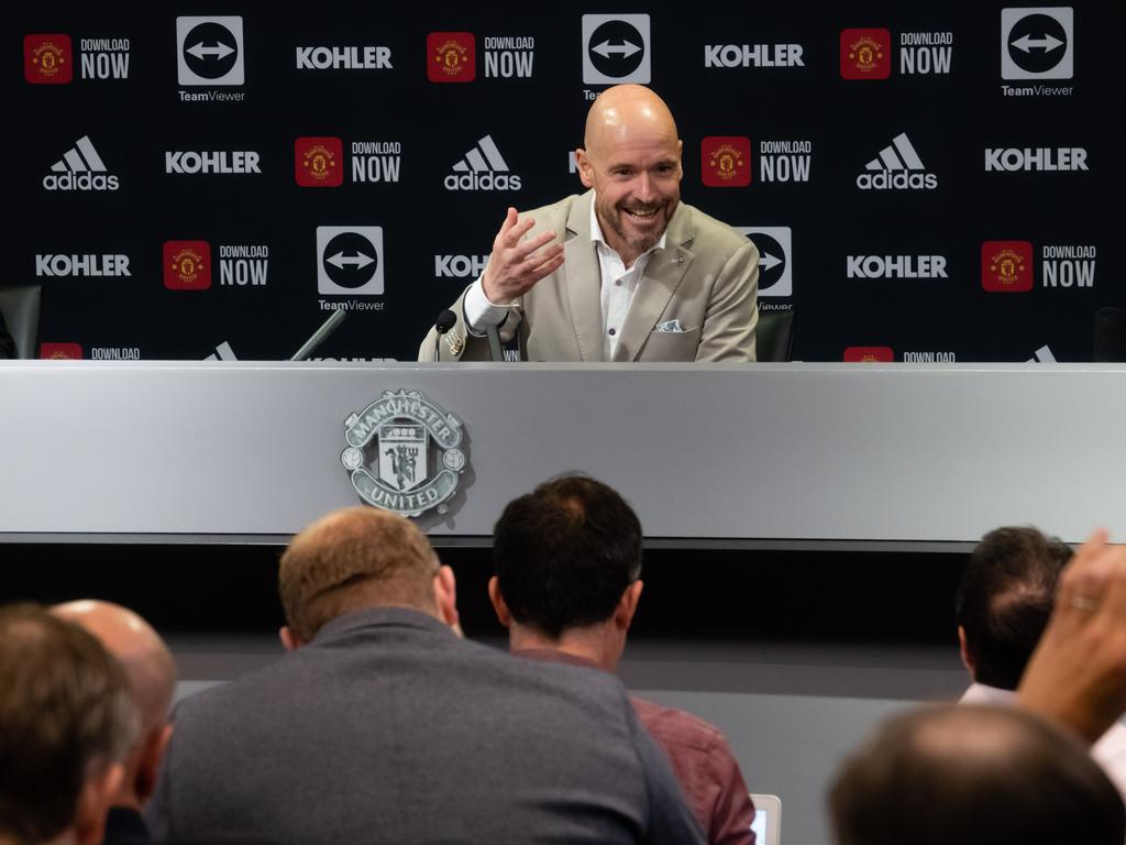 Ten Hag during his first press conference for Manchester United. Picture: Ash Donelon/Manchester United via Getty Images