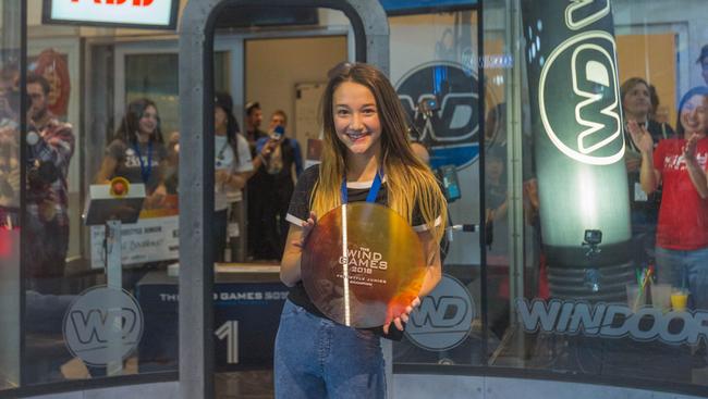 Amy Watson, 12, with her trophy at the International Wind Games, Spain 2018