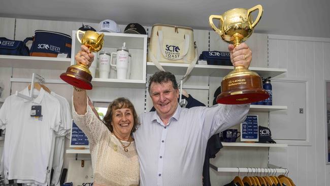 Sheila Laxon at the Sunshine Coast Turf Club today with the Melbourne Cup won by Knight's Choice. Photo: Michael McInally