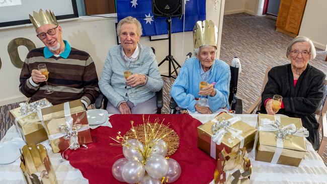 Lewis Wicking 100, Violet Freeman, 102, Victoria Bailey 100 and Joy Parker, 100 celebrate their milestone birthday at Vasey RSL Care Frankston South Credit: Vasey RSL